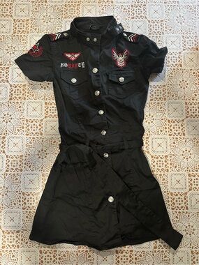 Raw Blue XS Black Military Embroidered Shirt Dress Belted
